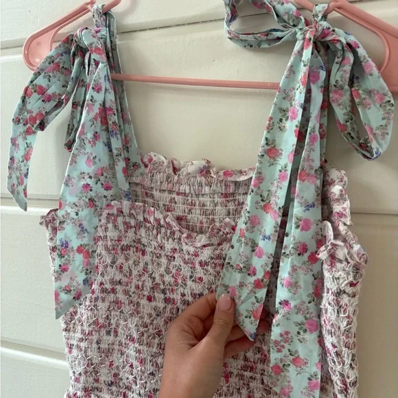 LOVESHACKFANCY x TARGET Adeline Smocked Ruffled Floral Tie Strap Mini Dress - Picture 9 of 9